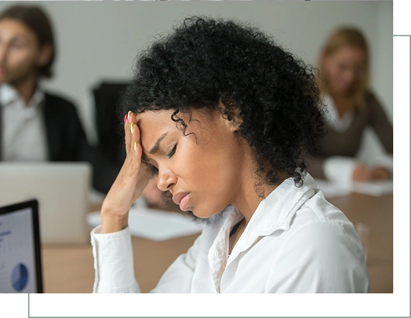 African american businesswoman feeling unwell suffering from headache migraine touching forehead